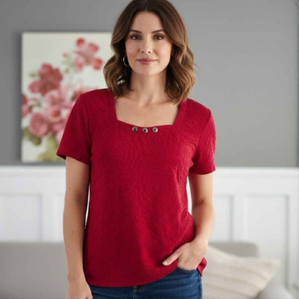 EMOTIONS Red Textured Jacquard Top - Square Neck & Button Detail - Size XL